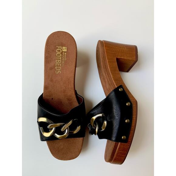 White Mountain Shoes - NWOB White Mountain Jem Footbeds Black Block Heeled Gold Chain Sandals Wmns 7